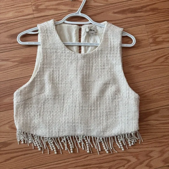 Jason Wu Cream Sleeveless Crop Top Pearl Fringe - Picture 10 of 10